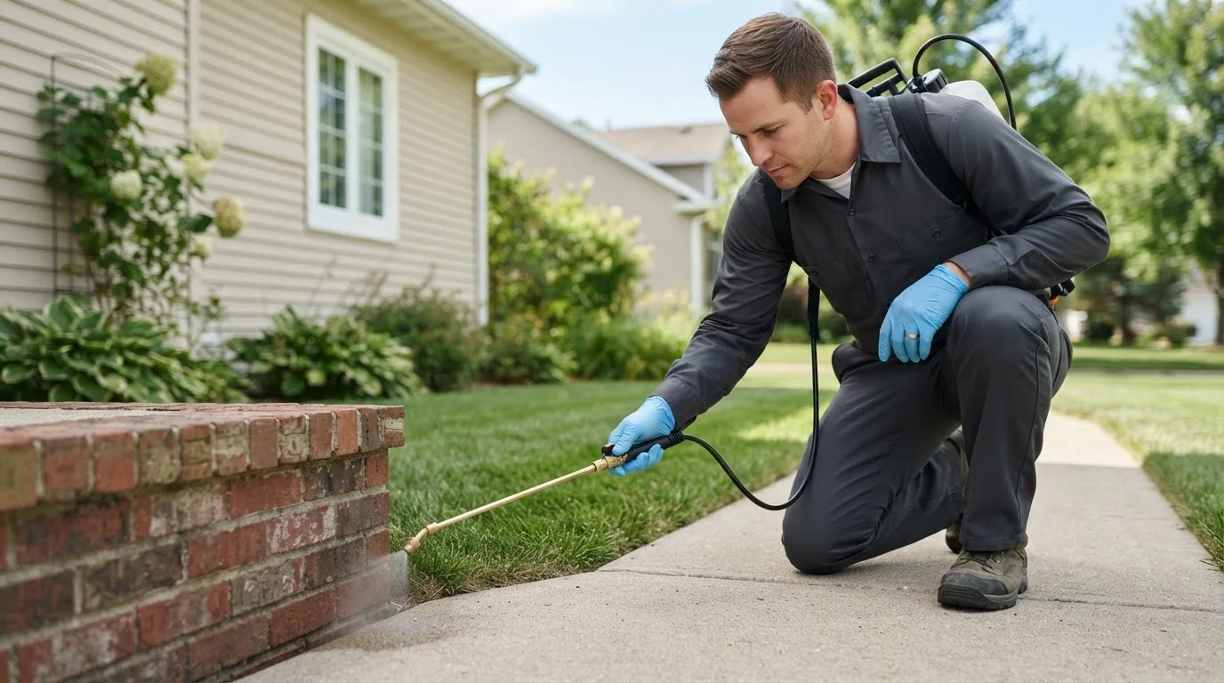 Pest control technician treating a home near Brooklin, ME