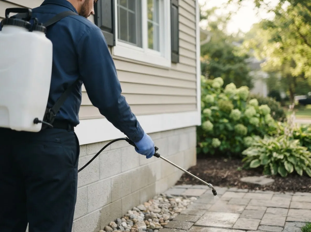 Pest control technician inspecting a home in Brooklin, ME